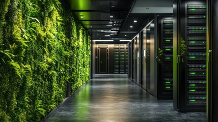 Poster - High-tech server room with green walls and foliage accentuating the commitment to sustainable IT practices