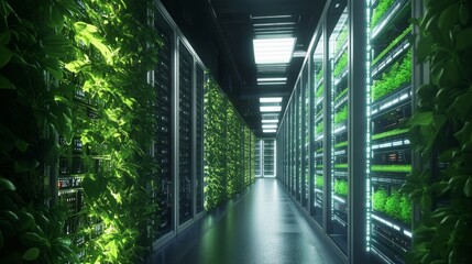 Poster - Rows of futuristic server racks with greenery lining the aisles, blending advanced technology with eco-friendly aesthetics