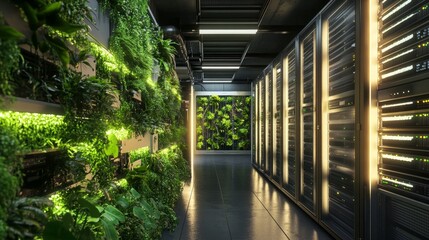 Poster - Rows of illuminated server racks in a data center with potted plants and vertical gardens integrated into the design