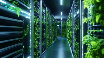 Poster - Rows of illuminated server racks in a data center with potted plants and vertical gardens integrated into the design
