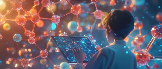 Poster - Digital tablet use in molecular research scientist analyzing models in high-tech lab