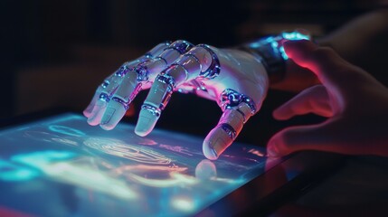 Poster - Close-up of robot and human hands collaborating on a glowing object in a futuristic space