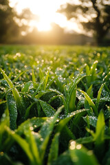 Poster - Morning dew glistens on vibrant green grass in a serene landscape at sunrise