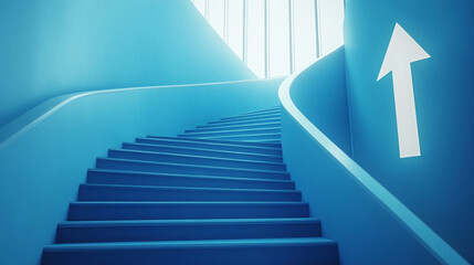 Poster - Spiraling blue staircase leading up with a directional arrow on the wall
