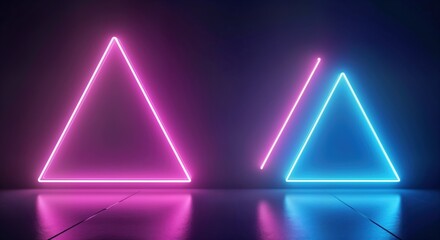 Poster - Neon purple, blue triangles glow on dark background. Empty space for product display. Vivid colours create modern design. Glowing triangles suggest energy, motion. Ideal for night events tech themes.