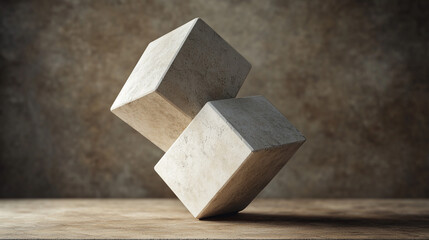 Poster - Abstract stone cubes balance on a wooden surface in a minimalist setting