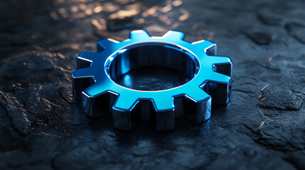Poster - Metallic blue gear on a textured surface reflecting light in a creative design