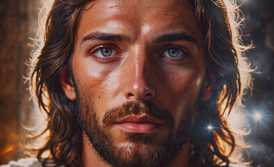 Aufkleber - Man with a beard and long hair. He has blue eyes. He is wearing a white shirt