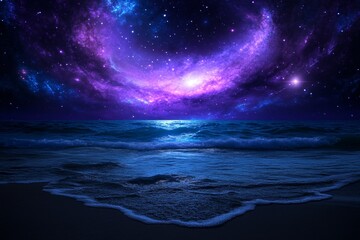 Wall Mural - majestic night sky with purple nebula over calm ocean waves