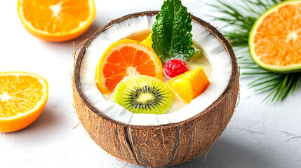 Wall Mural - A vibrant fruit salad served in a coconut shell, featuring a mix of tropical fruits like kiwi, mango, and citrus, garnished with mint leaves.