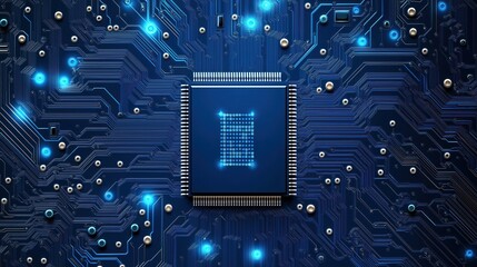 Fototapete - closeup view of complex electronic circuit board. intricate blue glowing lines, patterns display hig
