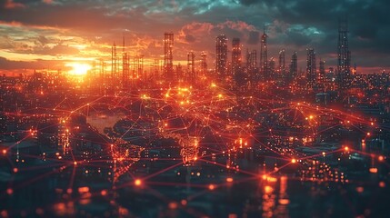 Poster - interconnected global supply chain city skyline sunset panorama with glowing infrastructure lights