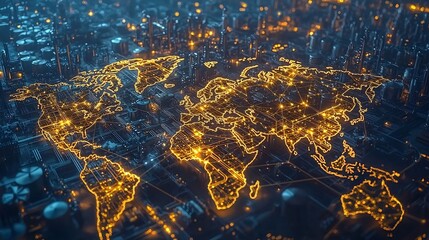 Poster - Interconnected Global Supply Chain Visualized on a Glowing Digital World Map
