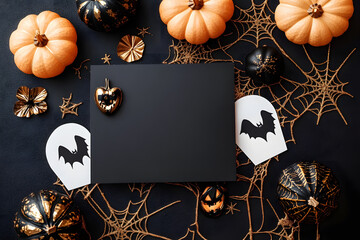 Canvas Print - halloween party background with paper card and fashion black and gold pumpkins with holiday decorati