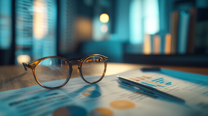 Poster - Glasses and pen rest on reports in a professional workspace during evening hours