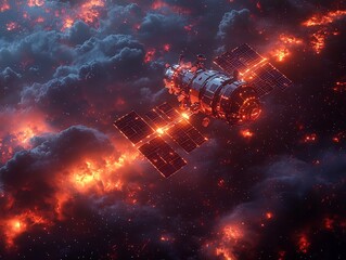 Poster - Futuristic Cloud Computing Infrastructure Floating in Outer Space with Glowing Cables Connecting Satellites for Global Network Access