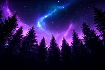 Wall Mural - mystical night sky with northern lights and silhouetted pine trees