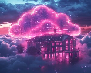 Poster - Futuristic Holographic Smart Home Glowing in Ethereal Cloud Computing Atmosphere
