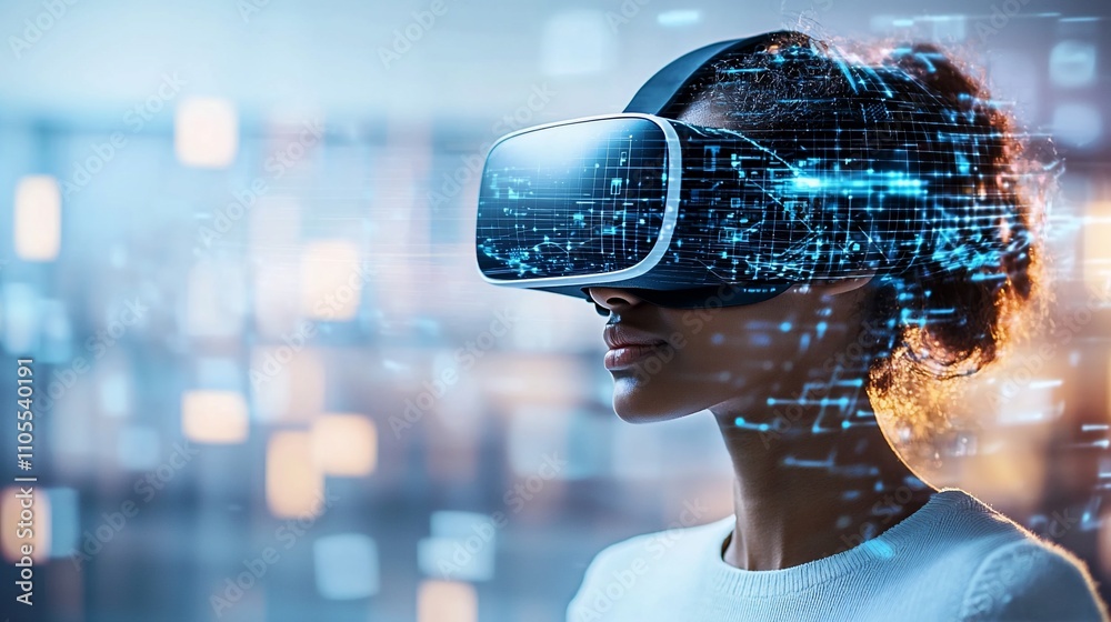 Woman wearing VR headset experiencing virtual reality, holographic ...
