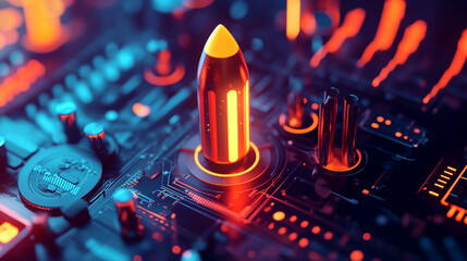 Poster - Futuristic bullet design on a glowing circuit board background at night
