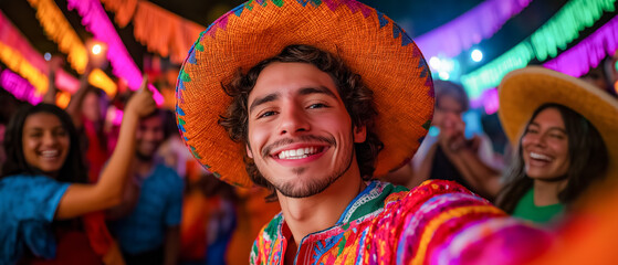 Wall Mural - Smiling Young Hispanic Man in Traditional Sombrero Taking Selfie at a Colorful Cinco de Mayo Celebration with Friends in the Background