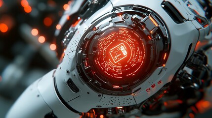 Poster - Close-up of a futuristic robot's head displaying a glowing digital interface.