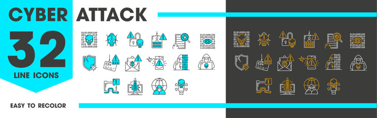 Leinwandbilder - Cyber attack icons of computer hacker, digital crime and web internet fraud, vector line symbols. Cyber attack and data phishing icons of virus, security threat bug and e-mail spam or hacker malware