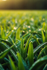 Poster - Sunlight glimmers on dew-kissed blades of grass in a tranquil meadow during early morning hours