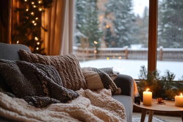 Poster - Cozy Winter Scene With Blankets Pillows and Candles