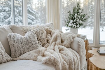 Poster - Cozy Winter Sofa Scene With Fluffy Blanket And Pillows