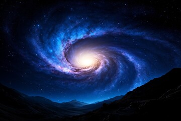 Wall Mural - bright spiral galaxy illuminating mountain landscape at night