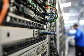 Poster - Fiber optic cables connected to servers in a data center during operations