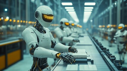 Poster - Robots working on assembly line in futuristic factory.