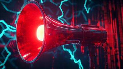 Poster - Bright red megaphone with glowing effects against a digital background