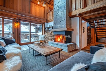 Poster - Cozy Mountain Cabin Living Room Fireplace Winter Scene