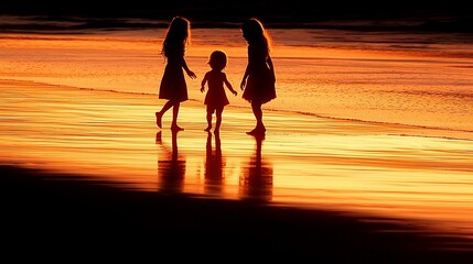 Canvas Print - Silhouette of family walking on beach at sunset.