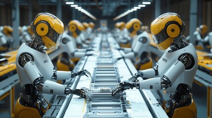 Poster - Robots working on assembly line in factory.