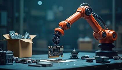 Poster - robotic arm precisely places electronic component on table. various tech parts in boxes around. indu