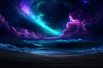 Wall Mural - ocean waves under starry night sky with aurora borealis and purple clouds