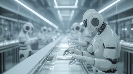 Poster - Robots working on assembly line in futuristic factory.