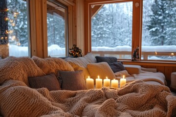 Poster - Cozy Winter Cabin Scene With Lit Candles And Blankets