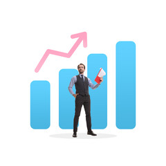 Wall Mural - Marketing. Businessman holding standing in front of bar chart with upward trend, representing success and progress. Contemporary art collage. Concept of business, branding, progress