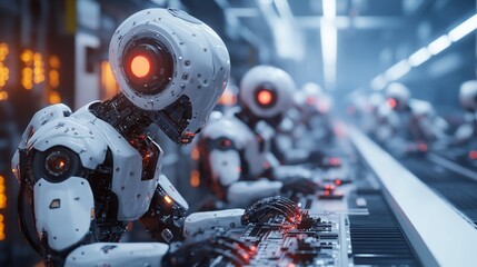 Poster - Robots playing keyboards in futuristic factory.