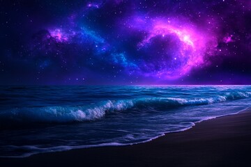 Wall Mural - Night Ocean Waves Under Purple Galaxy Sky with Stars and Nebula