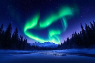 Wall Mural - Aurora Borealis Over Snowy Landscape with Pine Trees and Mountains at Night