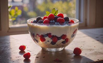 Poster - Bowl of fruit with blueberries and raspberries. The bowl is on a table. There are strawberries on the table as well