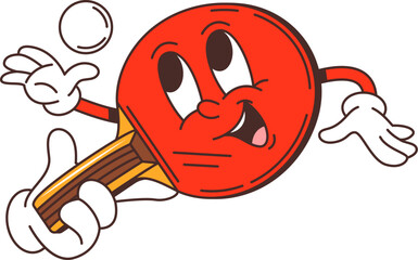 Poster - Cartoon retro groovy table tennis racket and ball character with arms and smiling face, showing a playful expression. Isolated vector ping pong paddle personage is in the middle of a table tennis game
