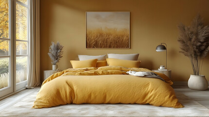 Wall Mural - Mustard Yellow Bedding: Calm Bedroom Design Ideas with Autumnal Decor