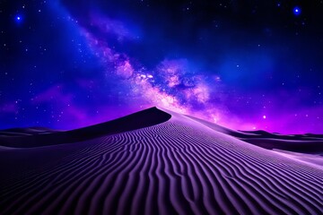 Wall Mural - Stunning Night Sky Over Desert Sand Dunes with Vibrant Purple and Blue Milky Way Galaxy