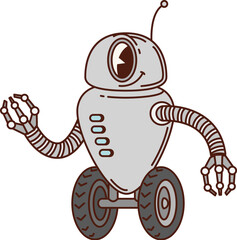 Aufkleber - Cartoon retro groovy robot character, cute psychedelic AI toy, vintage hippie transformer, funky humanoid cyborg or droid vector personage. Groovy hippy wheeled robot with antenna and manipulators